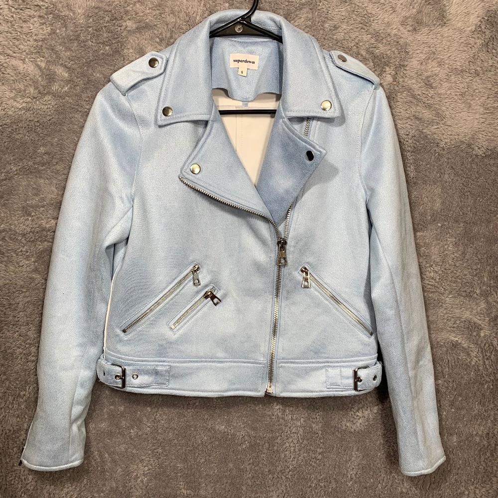 Superdown Women's Moto Jacket Small Light Blue Faux Suede Biker Coat Polyester B